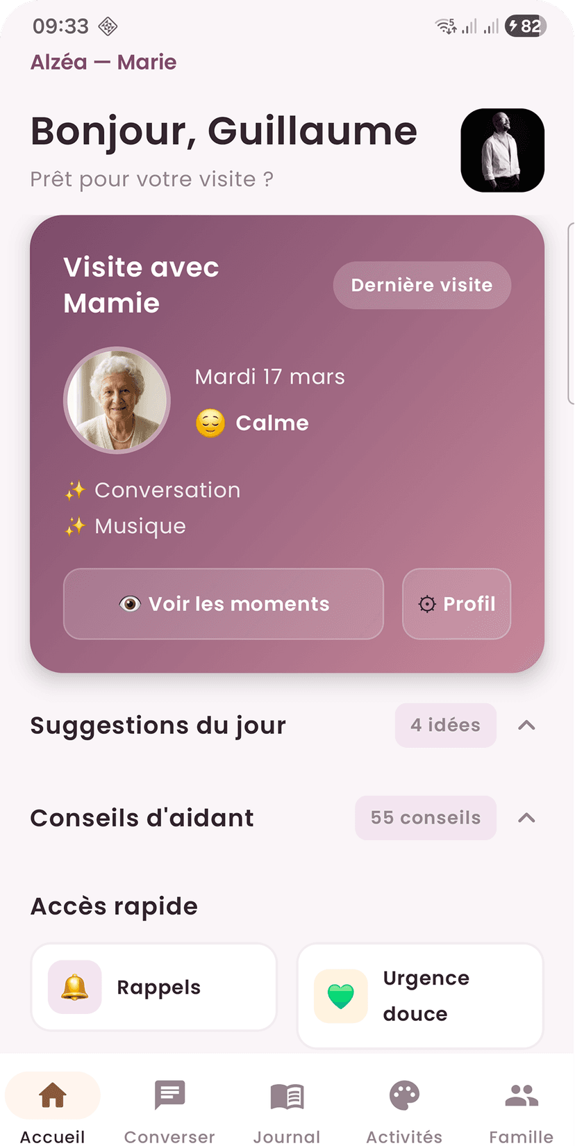 Écran d'accueil Alzéa — suggestions de visite personnalisées